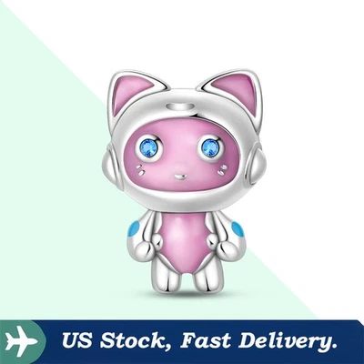 KUNSIR 925 Sterling Silver Pink Mechanical Cat Bead Charm For European Bracelet - Image 1 of 4