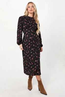 Dorothy Perkins Womens Midi Dress Floral Floral High Neck Long Sleeve Jersey - Image 1 of 4