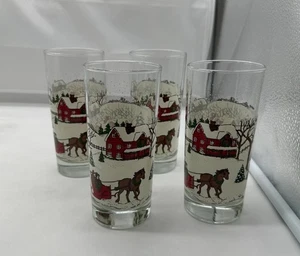 Libbey Christmas Glasses ~ Winter Village Scene ~ 6.25” Set of 4 - Picture 1 of 3