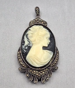 VTG Victorian Revival Sterling Silver & Marcasite Black White Cameo Pendant 3" - Picture 1 of 8
