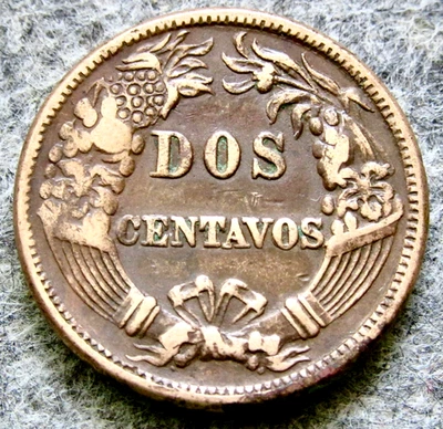 PERU 1878 2 CENTAVOS, Cornucopia & Radiant Flower, Copper or Bronze km# 188.1a - Image 1 of 4