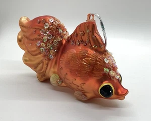 Hand Blown Orange Iridescent Glass Fancy Goldfish Ornament W/ Sequins And Beads - Picture 1 of 8