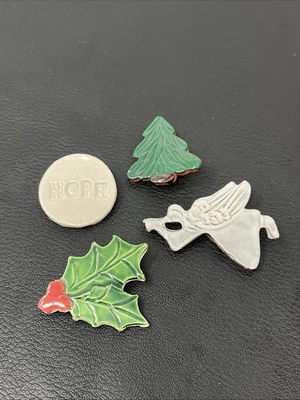 Ceramic Christmas Holiday Brooch artisan OOAK Pin lot of 4 Angel Holly Hope tree - Image 1 of 4