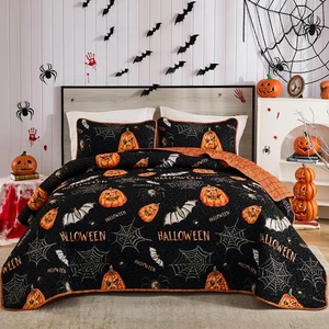 Halloween Quilt Set King Pumpkin Holiday Bedspread with Spider Cobweb Bat Pat... - Bild 1 von 9