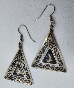 Sterling Silver 925 Siam Dancer Niello Retro 1940s Earrings Ag 23168 - Picture 1 of 12