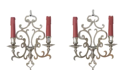 RARO Antiguo PAR Aplique de Pared Francés Luis XIII 2 Luces Bronce Estañado 1920 Foto 1 de 4