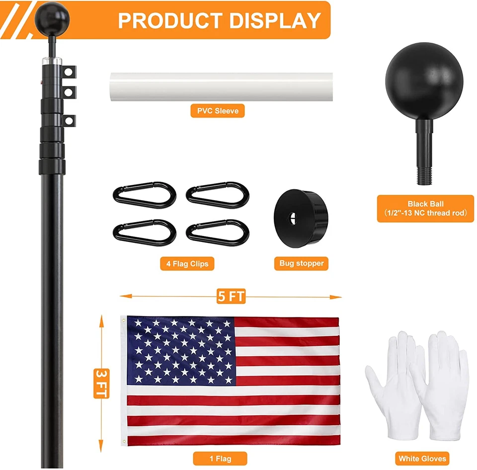 Telescoping Extra Thick Heavy Duty Flagpole Yard 25Ft With 3X5 American Flag Foto 1 de 4