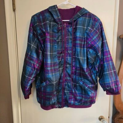De colección - Chaqueta a Cuadros Para Mujer Reversible Capucha Colores Profundos Rico Púrpura Talla Grande Foto 1 de 4