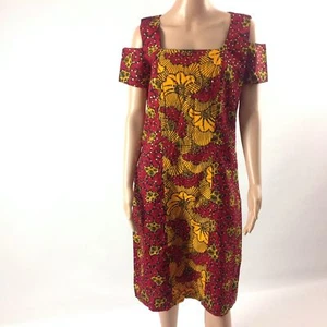 Womens Embellished Dress African Kanga Print Ankara Cold Shoulder Red Size S - Picture 1 of 5