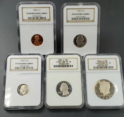 1984 S 5 Coin NGC Graded US Proof UCAM Ultra Cameo Proof Set PF69 & PF68 - Image 1 of 2
