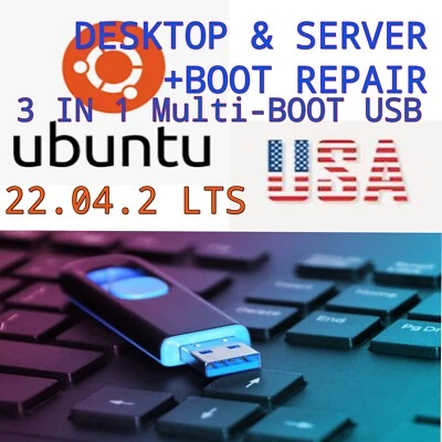 Ubuntu 22.04.2 LTS USB 3 in 1 UEFI BIOS Desktop Server and Boot Repair FAST SHIP - Image 1 of 4