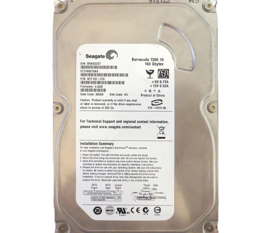 Seagate ST3160815AS 9CY132-310 4.AAB SU (6RA) China 160gb 3.5" Sata HDD 01/2008 - Image 1 of 2