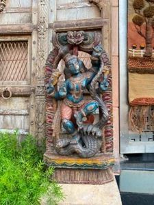 1800's Ancient Wooden Painted South India Hindu God Krishna Snake Chariot Figure - Picture 1 of 10