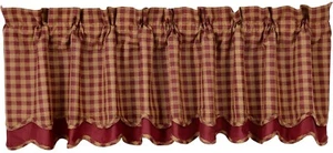 Handkerchief Style Window Valance Tan Checks over Solid Burgundy Red 72" W - Bild 1 von 3