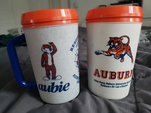 2 Vintage Aladdin Cups Auburn Tigers Aubie Plastic Mug w/lid & handle Cover