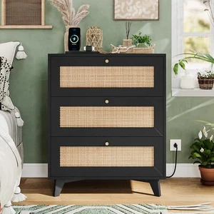 Black Rattan Nightstand & Charging Station, Natural Rattan NightStand & Drawers - Picture 1 of 8