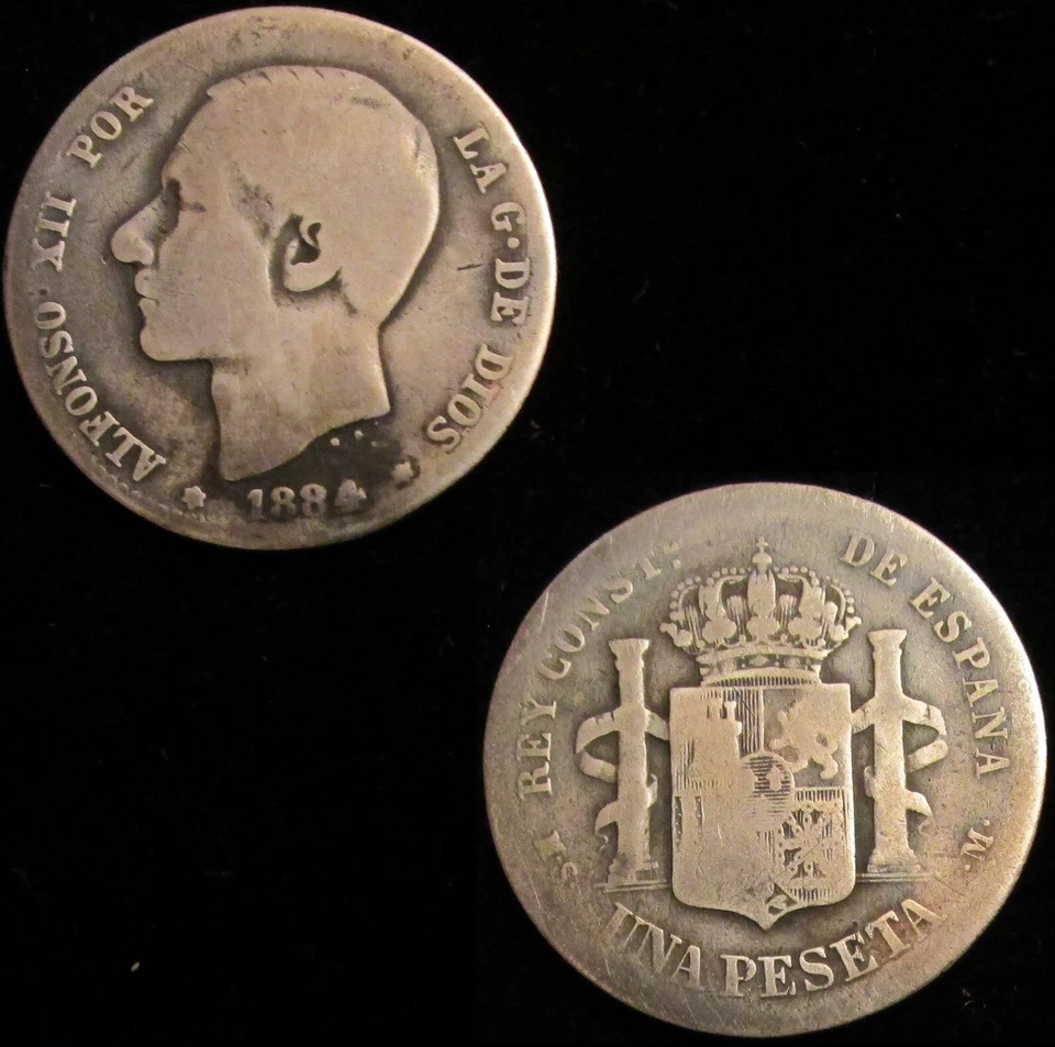 SPAIN, 324-ALFONSO XII, 1 PESETA 1884, MADRID MS M, SILVER, VERY RARE. - Image 1 of 1
