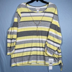 Alfred Dunner Ladies 1X Shirt 3/4 Sleeve Gray Yellow White Striped Jewelry NWT - Picture 1 of 14