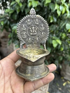 Antique Old Brass Astha Laxmi Ganesha Figure Laxmi Deepam Oil Lamp - Picture 1 of 12