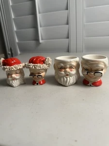 Set Of 4 VTG Kreiss Mr & Mrs Santa Salt , Pepper , Egg Cups Christmas Ceramic - Picture 1 of 9