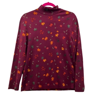 Croft And Barrow Mock Neck Shirt PM Maroon Fall Leaves Thanksgiving Harvest - Image 1 of 4