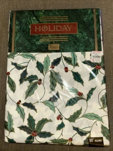 Vtg Tobin Christmas Holly Tablecloth 90” Round Cotton Blend  NEW In Package - Picture 1 of 3