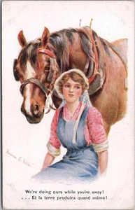 Artist-Signed FLORENCE E. VALTER Postcard Girl & Horse "We're Doing Ours" 1918 - Picture 1 of 2