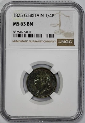 1825 Great Britain 1/4P Farthing NGC MS 63 BN - Image 1 of 4