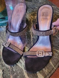 NEW PELLE MODA BLACK CRYSTAL BUCKLE HIGH HEEL SLIDE EVENING SANDALS SHOES 9 - Picture 1 of 12