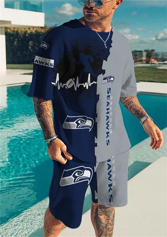 Seattle Seahawks 2PCS Wears Set Summer Short Sleeve T-Shirts Beach Shorts Cover