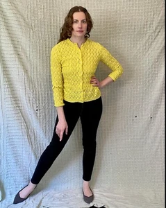 Vintage 60s Bright Canary Yellow Crochet Mid Century Mod Cardigan Sweater S/M - Picture 1 of 9