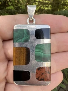 Sterling Silver .950 Pendant Multi-Color Gemstone Malachite Onyx Tiger's Eye - Picture 1 of 13