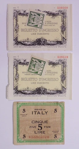 2 OLD ITALY MINISTRY EDUCATION BANKNOTES + 1943 ALLIED MILTARY 5 LIRE CURRENCY Cover