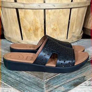 FitFlop H-Bar Slide Latticed Black Leather Thong Comfort Sandals Womens Size 5 - Picture 1 of 11