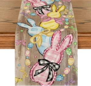 Wood Floral Bow Bunny Rabbits Eggs Easter Table Runner, Seasonal Spring Kitchen - Picture 1 of 12