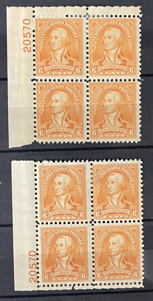 Scott #711, 6c Washington Bicent’l Plate Blocks #20570, 2-corners, F/VF H - Image 1 of 1
