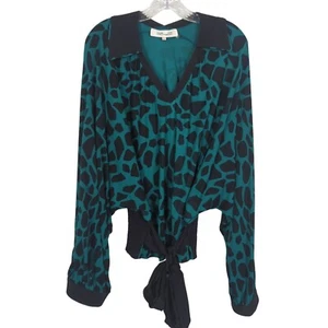 Diane Von Furstenberg Teal Black Animal Print Blouse V-Neck Tie Waist L - Picture 1 of 15