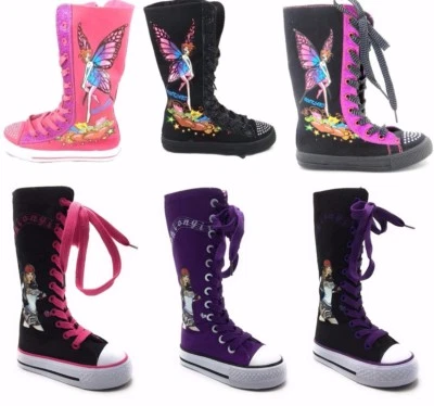 "HANDMADE" Infant Girl Kids Canvas Knee High Lace up Notorious Shuffles Skater Boots