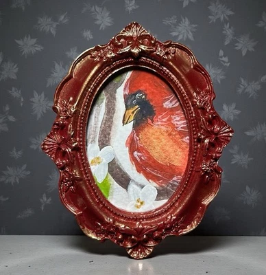 Red Cardinal bird mini watercolor print of my painting in red/gold vintage frame - Image 1 of 3