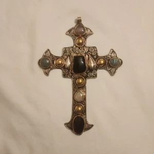 Turkmenischer großer 6 Zoll religiöser Kreuz Anhänger bunte Edelsteine (110) - Bild 1 von 16