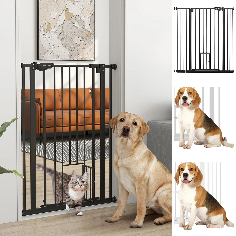 PawHut Extra Tall Dog Gate with Cat Door Auto Close for Stairs