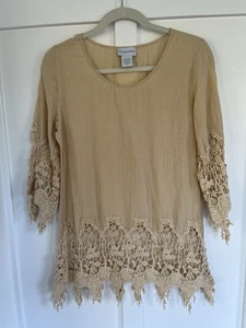 Weiche Umrandung Häkelspitze Tunika Top Bluse beige Gr. XS hellbraun Damen " - Bild 1 von 4