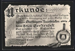 Saarbrücken, Ansichtskarte, Gasthaus Oberbayern, Urkunde, Spatenbräu München  - Picture 1 of 2