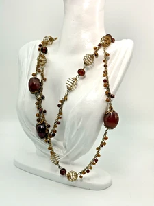 Antique Vintage Necklace Gold Tone Metal Super Long Amber Glass Beads 120cm - Picture 1 of 13