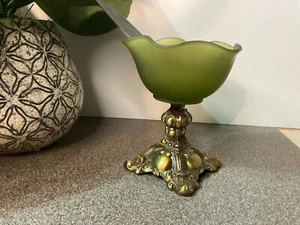 MCM Olive Green Frosted Glass Candy Dish with Brass Pedestal - Picture 1 of 4