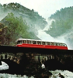 1968 Latefoss Waterfall Hargander Norway Postcard Bus & Bridge over Fall Divided - Picture 1 of 3