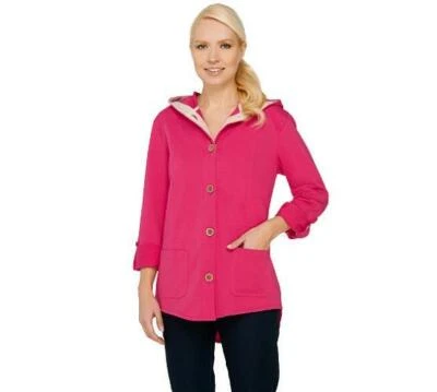 Susan Graver 1X Weekend French Terry Roll Tab Sl Jacket in Rich Fuchsia #A265734 - Image 1 of 4