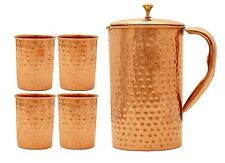 100% Pure Copper Jug Pitcher With Glass Tumbler, - 5 Pieces, Brown, 2000 ml