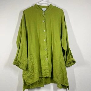 Top lino mosaico donna XL Chartreuse verde bottoni tunica floreale casual Lagenlook - Foto 1 di 12