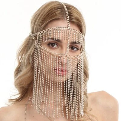 Women Veil Mask Handmade Headwear Rhinestone Chain Tassel Belly Dance Face Mask - Image 1 of 4